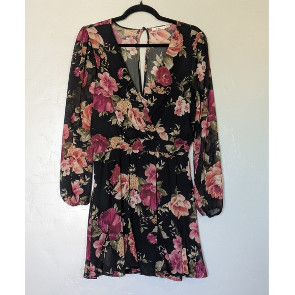 Mi Ami Dress Juniors Medium Boho Black‎ Floral Mini Sheer Chiffon Tiered Garden - Picture 1 of 8